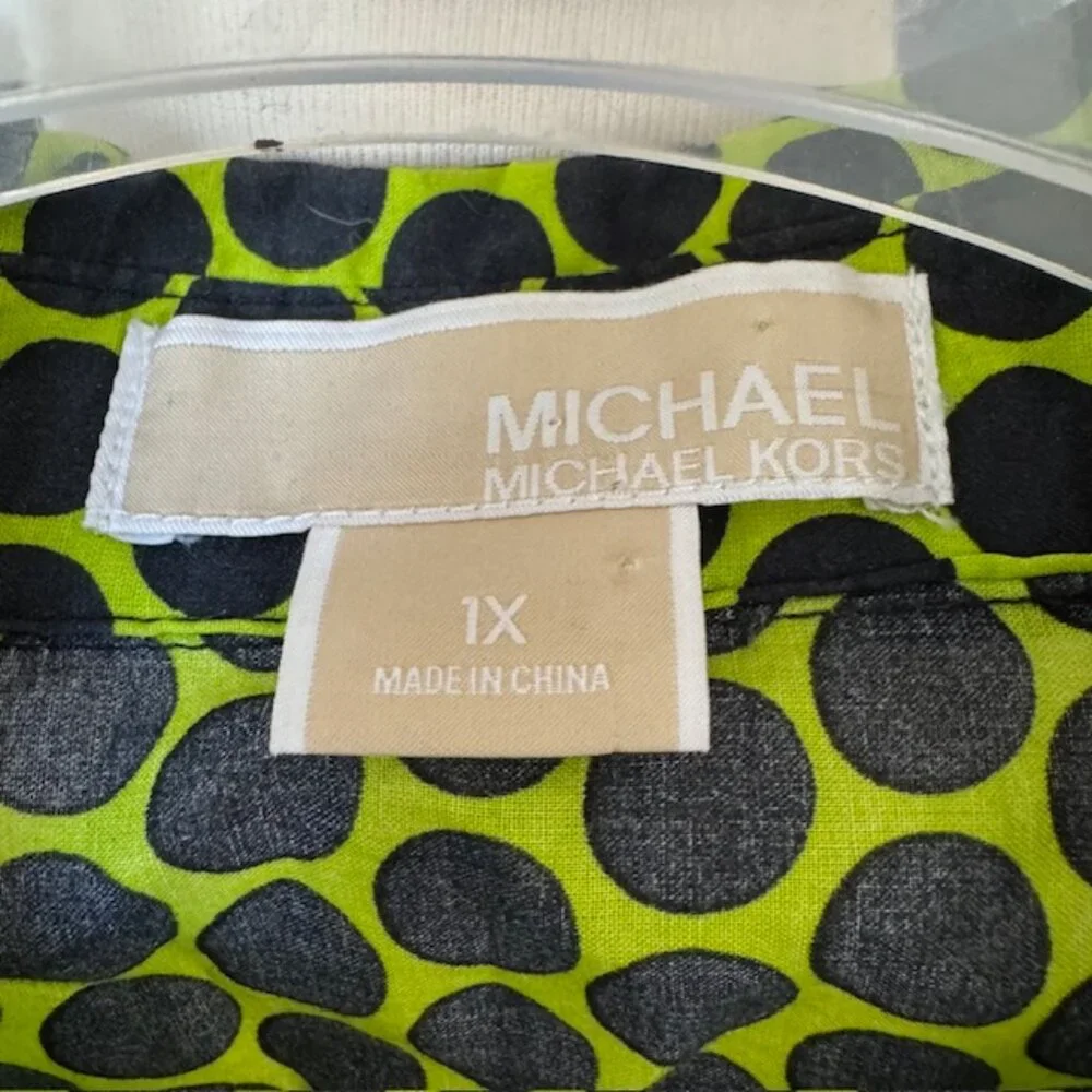 Women's Michael Kors Button Down Blouse, Long Sleeve, Lime Green/Black, 1X - Picture 2 of 3